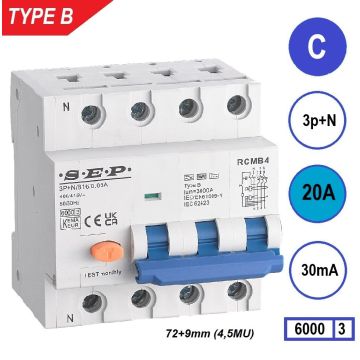 Schotman Elektro B.V. - SEP RCMB type B aardlekautomaat, 3p+n, C, 20A, 30mA, 6kA
