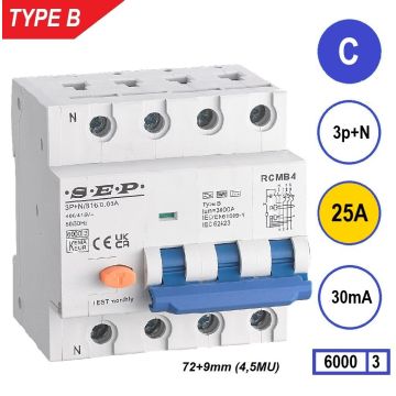 Schotman Elektro B.V. - SEP RCMB type B aardlekautomaat, 3p+n, C, 25A, 30mA, 6kA