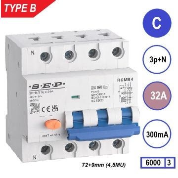 Schotman Elektro B.V. - SEP RCMB type B aardlekautomaat, 3p+n, C, 32A, 300mA, 6kA
