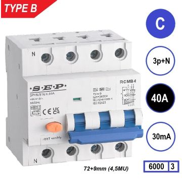 Schotman Elektro B.V. - SEP RCMB type B aardlekautomaat, 3p+n, C, 40A, 30mA, 6kA