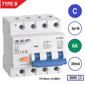 Schotman Elektro B.V. - SEP RCMB type B aardlekautomaat, 3p+n, C, 6A, 30mA, 6kA
