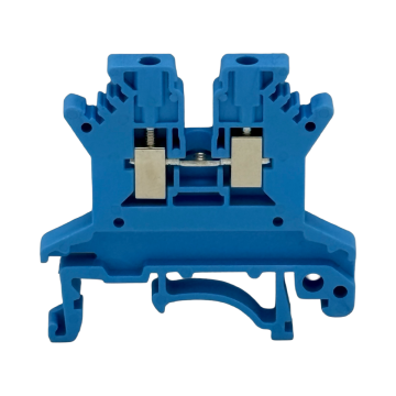 SEP SRK-1.5-BU blauwe rijgklem, 1,5mm2 zijaanzicht met aansluitingen - modulaire DIN-rail, 2011300020, GTIN 8718959077852