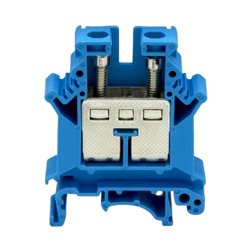 SEP SRK-16-BU blauwe rijgklem, 16mm2 zijaanzicht met aansluitingen - modulaire DIN-rail, 2011300260, GTIN 8718959078095