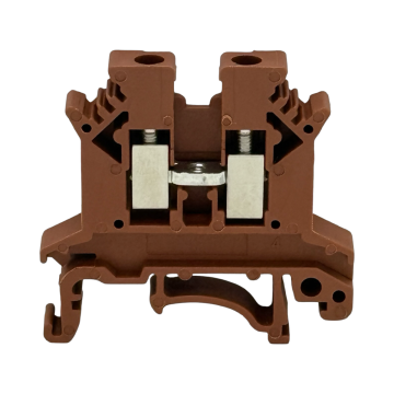 SEP SRK-2.5-BR bruine rijgklem, 2,5mm2 zijaanzicht met aansluitingen - modulaire DIN-rail, 2011300070, GTIN 8718959077906
