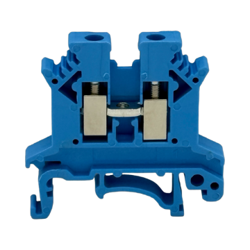 SEP SRK-2.5-BU blauwe rijgklem, 2,5mm2 zijaanzicht met aansluitingen - modulaire DIN-rail, 2011300060, GTIN 8718959077890