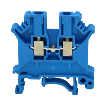 SEP SRK-3-BU blauwe rijgklem, 2,5mm2 zijaanzicht met aansluitingen - modulaire DIN-rail, 2011300100, GTIN 8718959077937